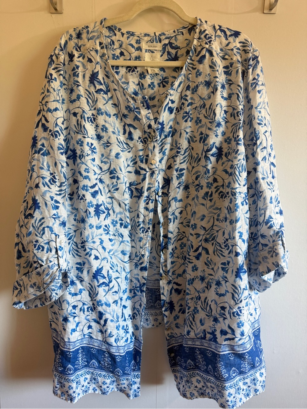 Joie 3X 100% Linen Blue White Floral Border Print Tunic Blouse